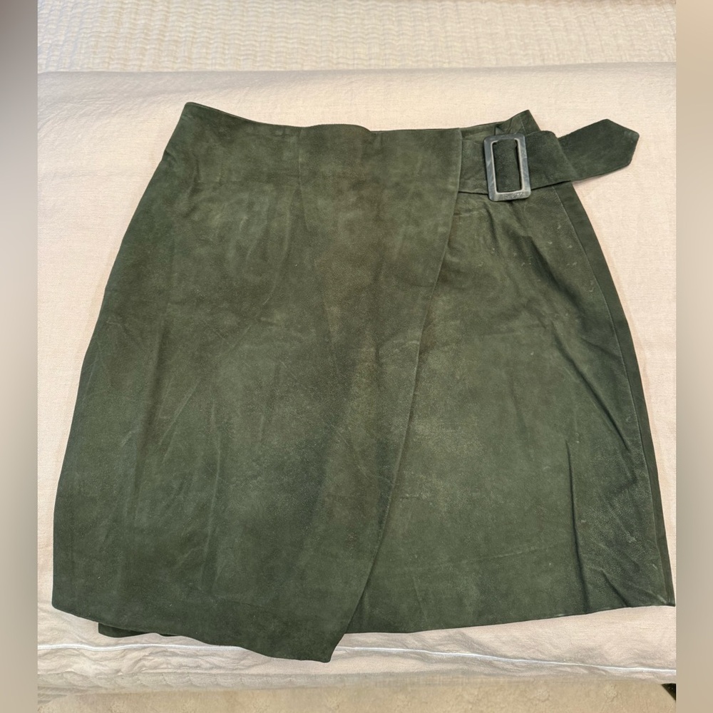Olive Green Suede Skirt with Buckle Detail